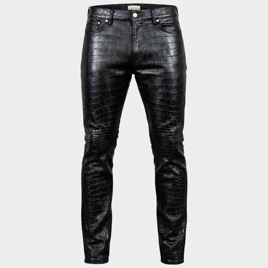 Men's black crocodile embossed genuine leather biker pants front view by Jackets Kingdom