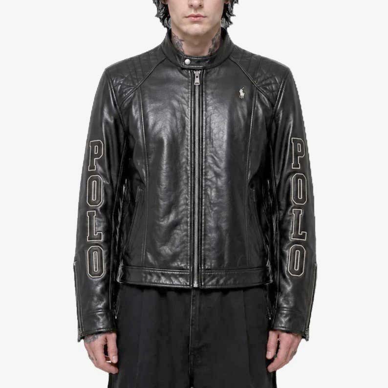 Men’s black embroidered leather biker jacket with sleeve lettering