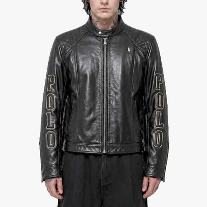 Men’s black embroidered leather biker jacket with sleeve lettering