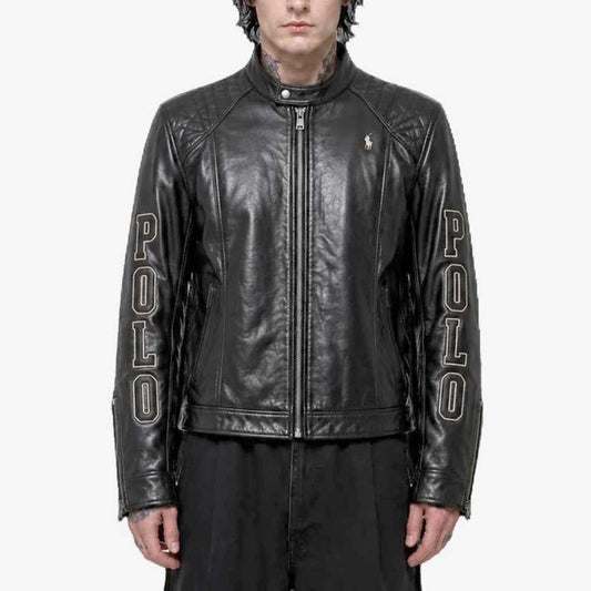 Men’s black embroidered leather biker jacket with sleeve lettering