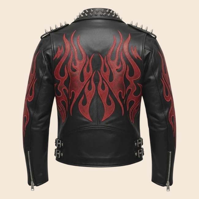 Men's flame leather biker jacket with rugged look and comfortable fit
