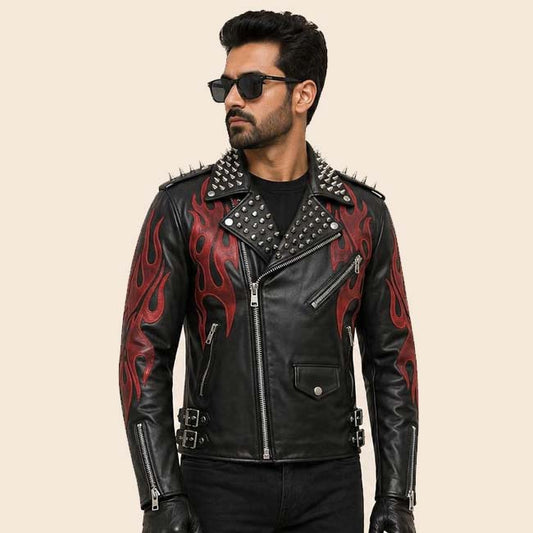 Handmade men's black flame leather motorcycle jacket with distressed finish