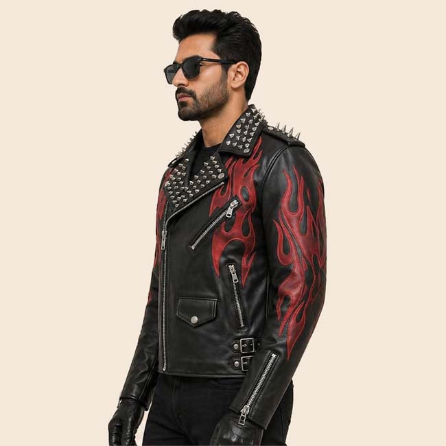 Premium cowhide leather jacket for men with punk gothic style