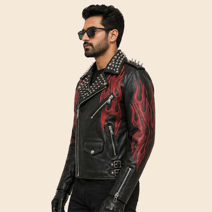 Premium cowhide leather jacket for men with punk gothic style