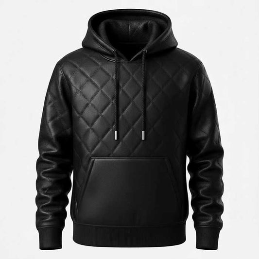 Mens Black Genuine Lambskin Leather Pullover Hoodie Jacket