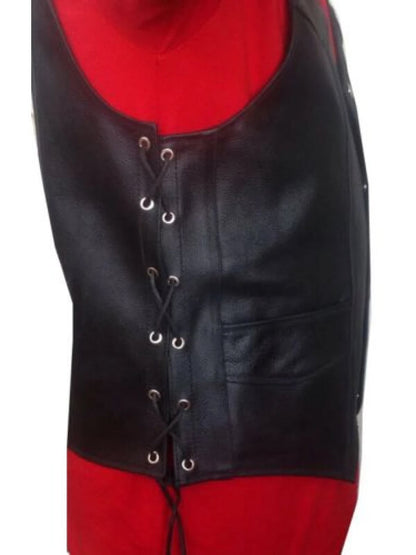 Men’s Black Genuine Leather Biker Vest with Side Lacing