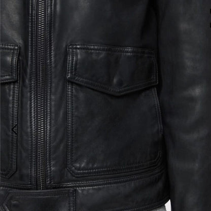 Men's Black Genuine Leather Bomber Jacket - Air Force Pilot Style