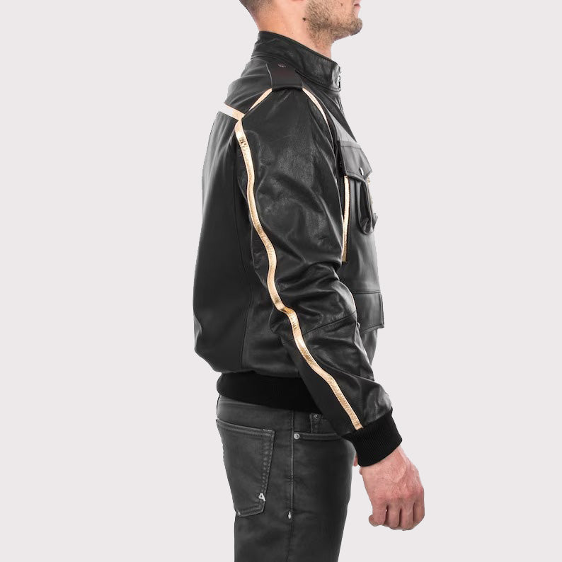 Men's Black & Gold Lamb Leather Bomber Jacket