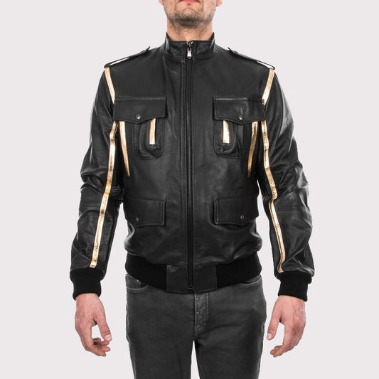 Men's Black & Gold Lamb Leather Bomber Jacket