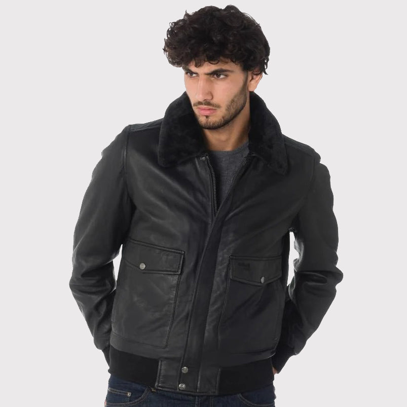 Men's Black Lambskin Leather Aviator Jacket