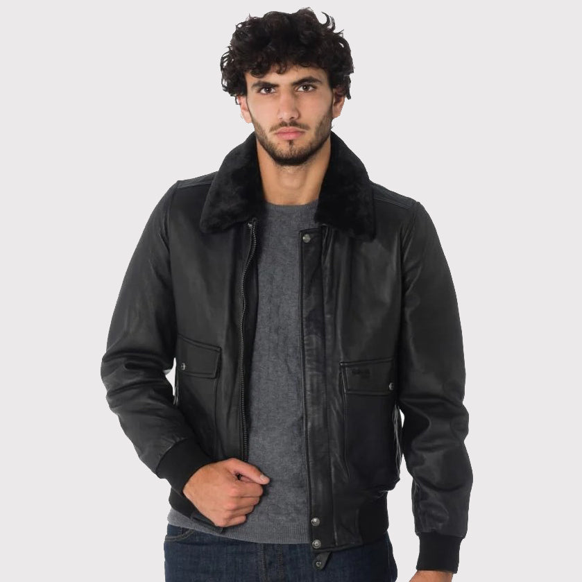 Black Lambskin Leather Aviator Jacket for Men - Classic Style!