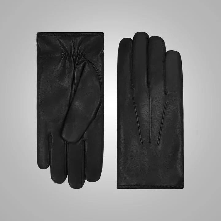 Men's Black Lambskin Leather Gloves with Brown Fur Lining