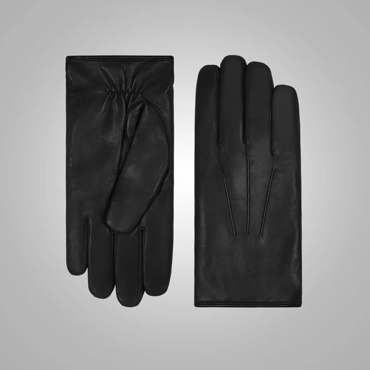 Men's Black Lambskin Leather Gloves with White Fur Lining