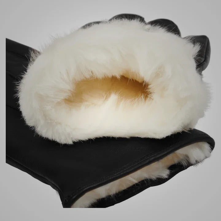 Men's Black Lambskin Leather Gloves with White Fur Lining