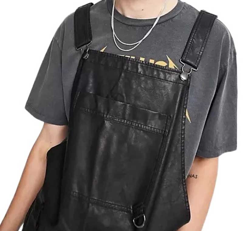 Mens Black Lambskin Leather Overalls Romper