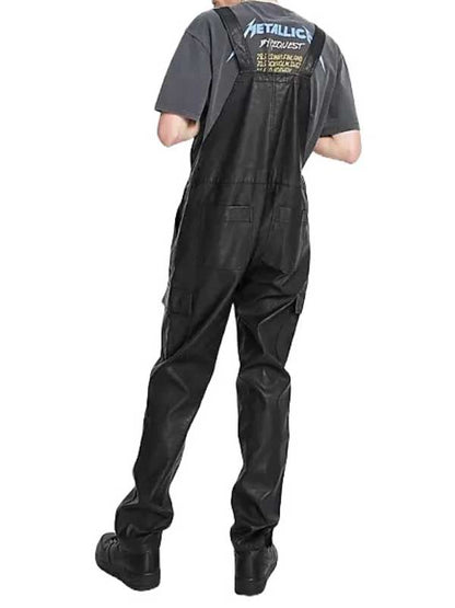 Mens Black Lambskin Leather Overalls Romper