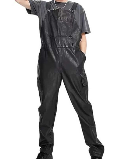 Mens Black Lambskin Leather Overalls Romper