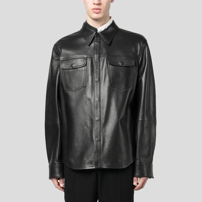 Men's Black Lambskin Leather Shirt with Chest Pocket