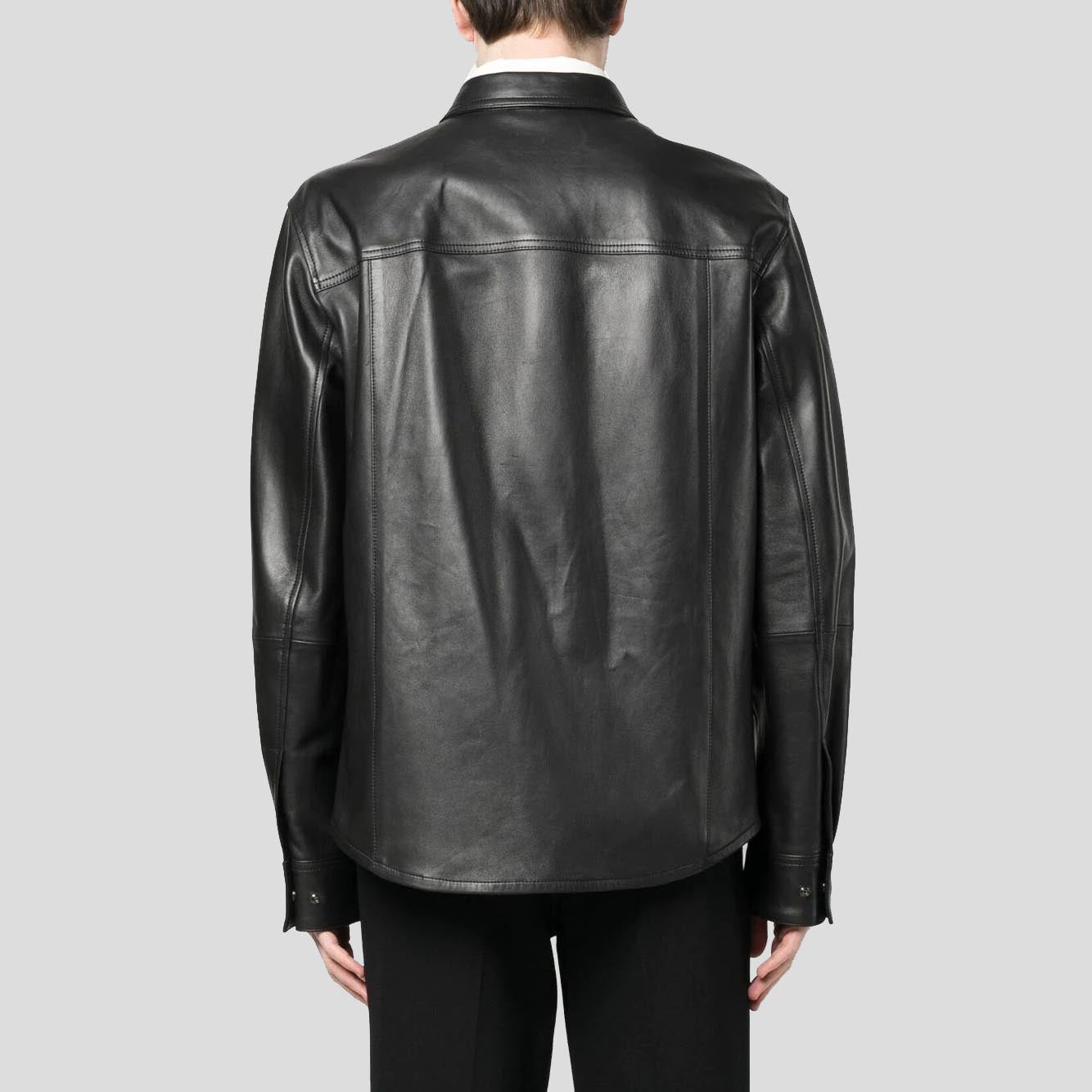 Men's Black Lambskin Leather Shirt with Chest Pocket