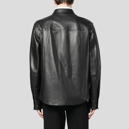 Men's Black Lambskin Leather Shirt with Chest Pocket