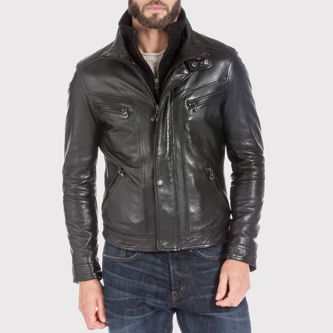 Men's Black Lambskin Leather Sports Jacket - Biker Jacket