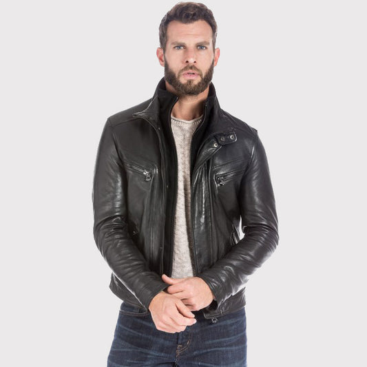 Men's Black Lambskin Leather Sports Jacket - Biker Jacket