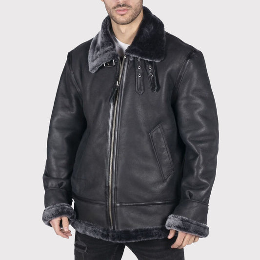 Men's Black Leather B3 Aviator Jacket with Grey Fur