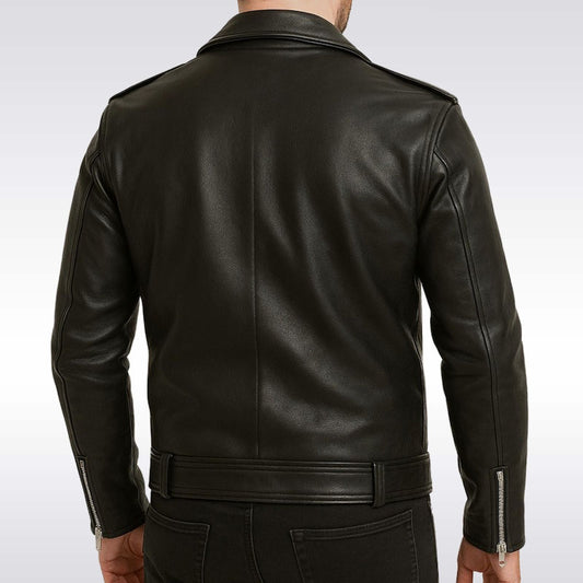 Men’s Black Real Leather Biker Jacket with Asymmetrical Zipper