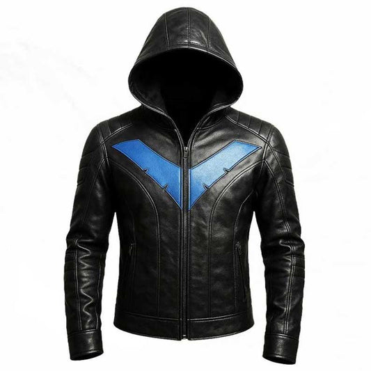 Men's black genuine leather biker jacket with blue emblem hoodie front view by Jackets Kingdom