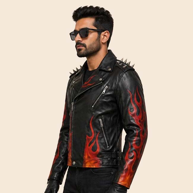 Black leather jacket with shoulder studs and zipper closure