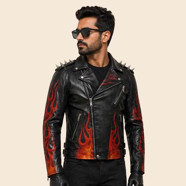 Mens black flame spiked leather jacket in genuine cowhide leather