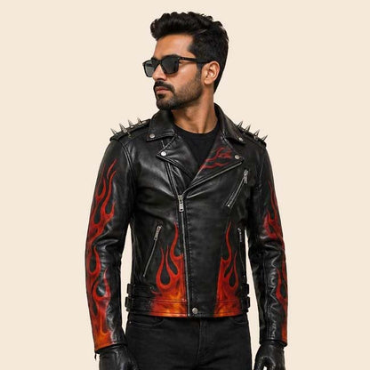 Mens black flame spiked leather jacket in genuine cowhide leather