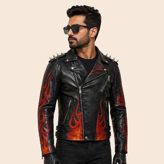 Mens black flame spiked leather jacket in genuine cowhide leather