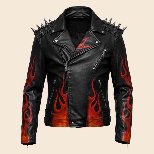 Handmade mens biker leather jacket with bold fire design
