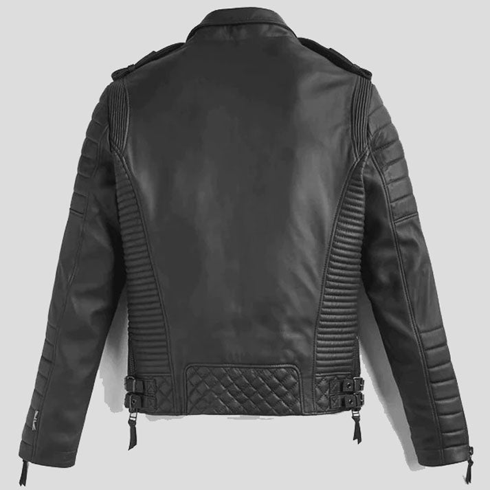 Men's Black Leather Biker Jacket Stylish Pattern Design