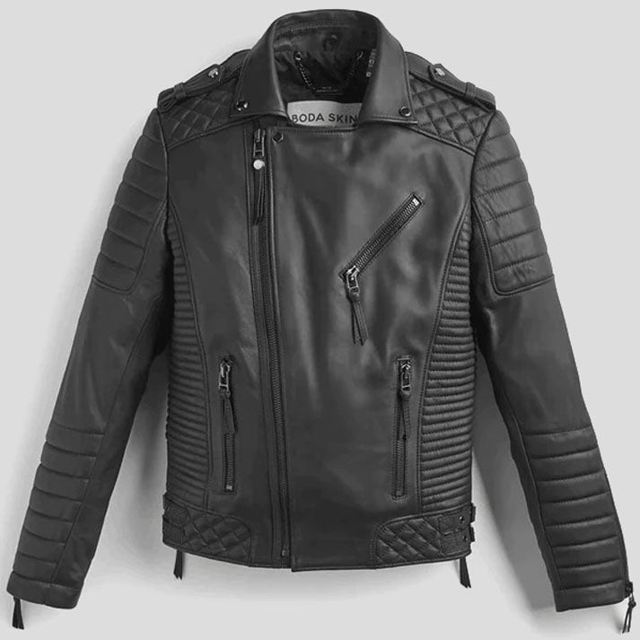 Men's Black Leather Biker Jacket - Stylish Pattern Design