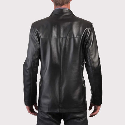 Elegant Black Leather Men's Blazer Coat - Three Button Style