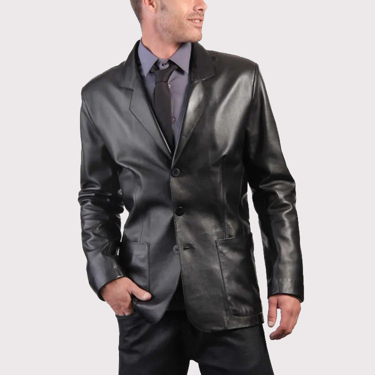 Men's Black Leather Blazer Coat