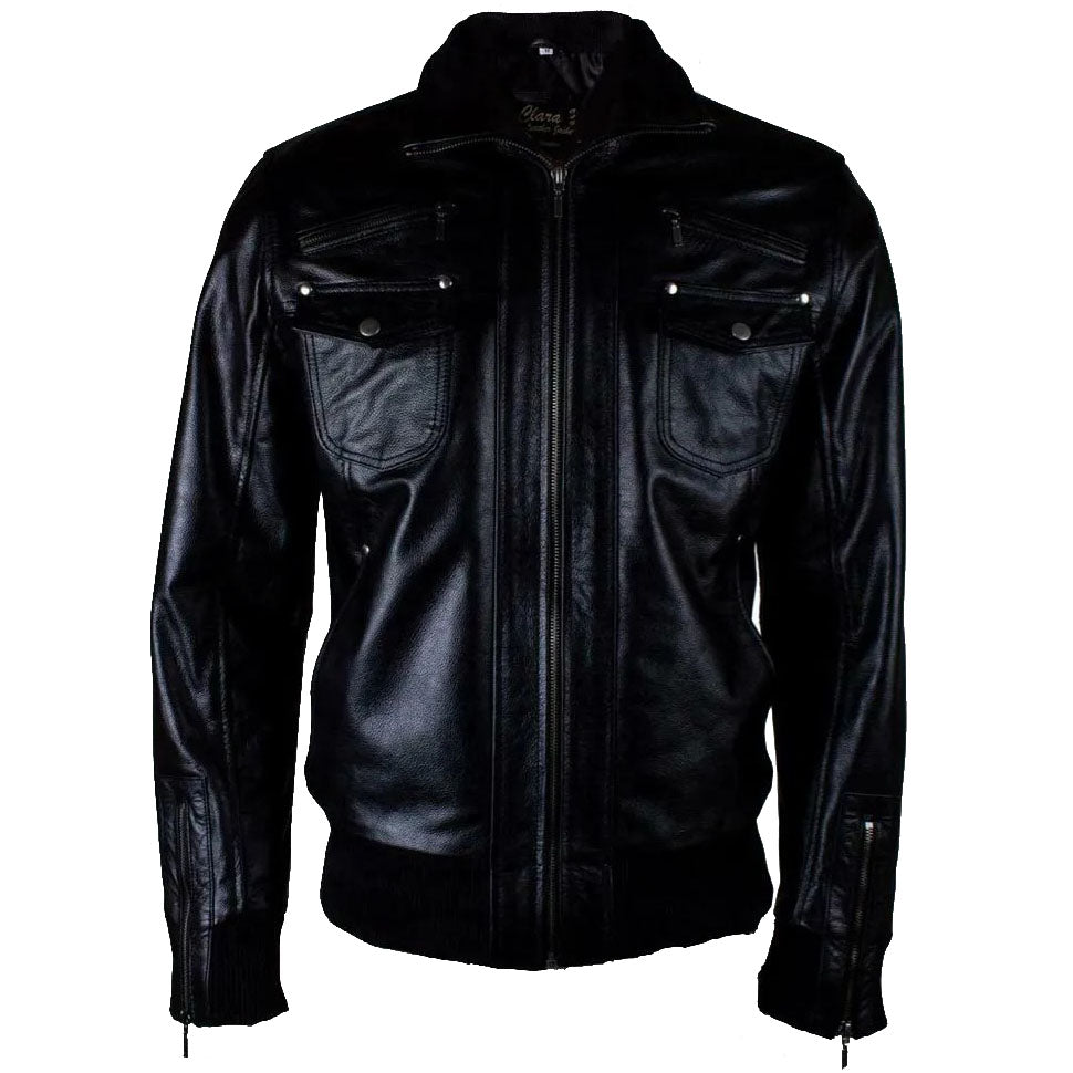 Men's Black Leather Bomber Jacket with 6 Front Pockets
