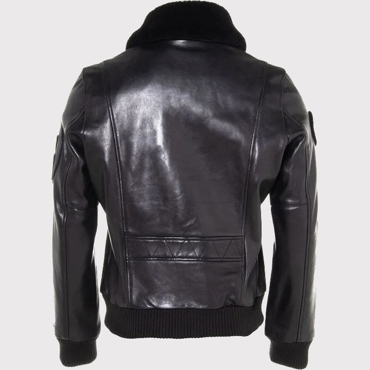 Classic Black Leather Bomber Jacket with Fur Collar
