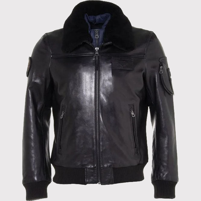 Classic Black Leather Bomber Jacket with Fur Collar