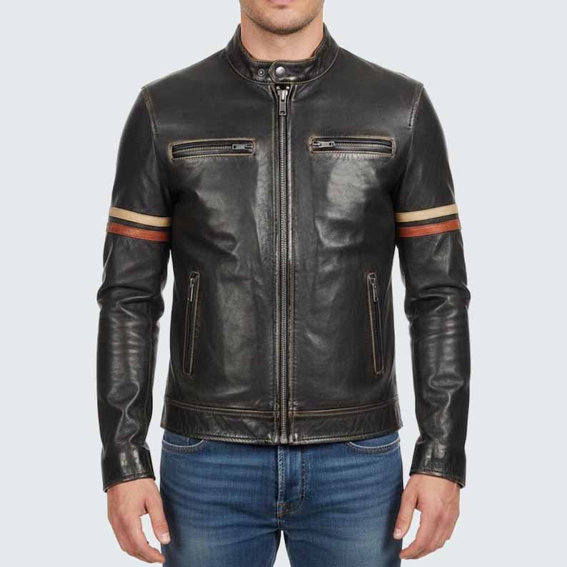 Men's Black Genuine Leather Cafe Racer Jacket with Striped Sleeves