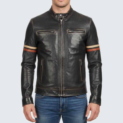 Men's Black Genuine Leather Cafe Racer Jacket with Striped Sleeves