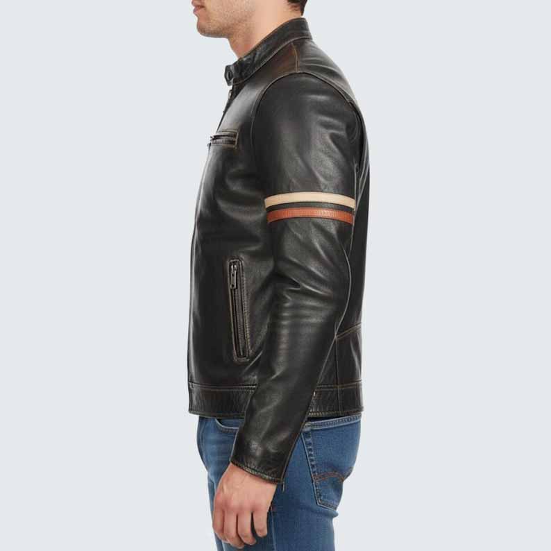 Men's Black Genuine Leather Cafe Racer Jacket with Striped Sleeves