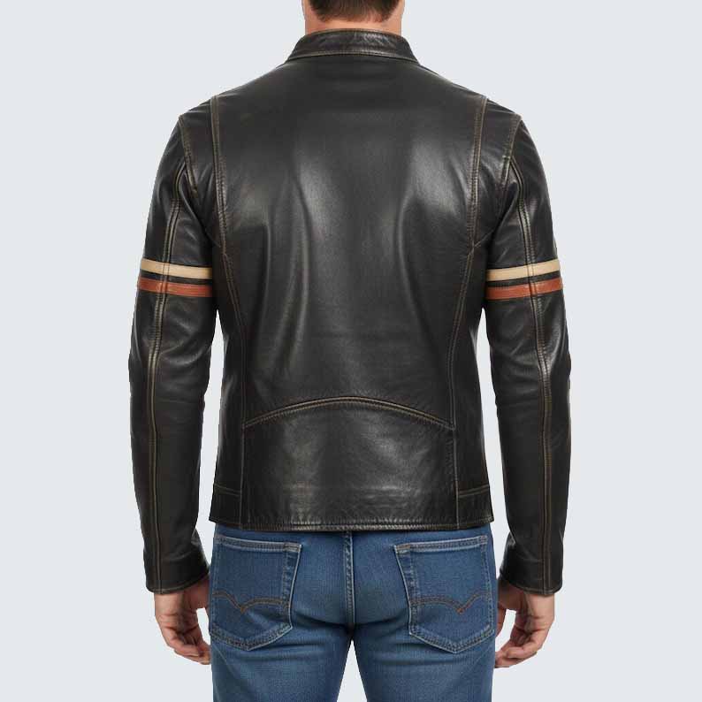 Men's Black Genuine Leather Cafe Racer Jacket with Striped Sleeves