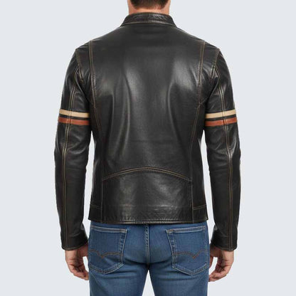 Men's Black Genuine Leather Cafe Racer Jacket with Striped Sleeves