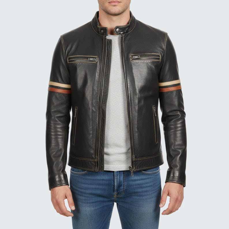 Men's Black Genuine Leather Cafe Racer Jacket with Striped Sleeves