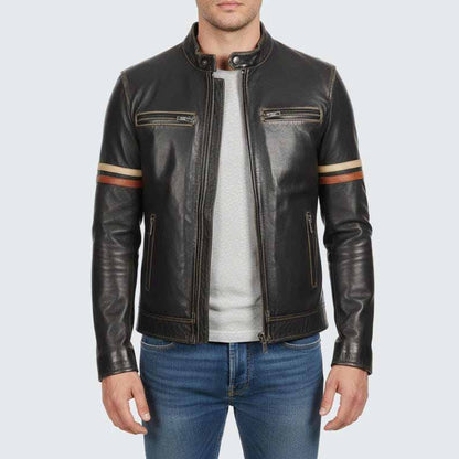 Men's Black Genuine Leather Cafe Racer Jacket with Striped Sleeves