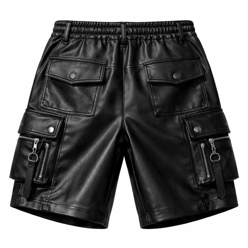 Mens Black Leather Cargo Utility Shorts