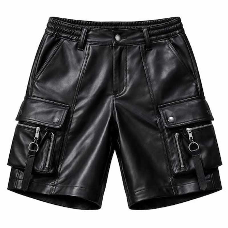 Mens Black Leather Cargo Utility Shorts